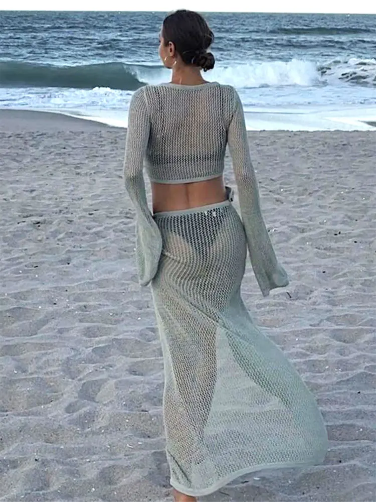 Sexy Knit Cut Out Bell Sleeve Short Top Lace-up Beach Slit Leg Skirt Suit Summer Women Bikini Cover-ups Beachwear Set BeachCover