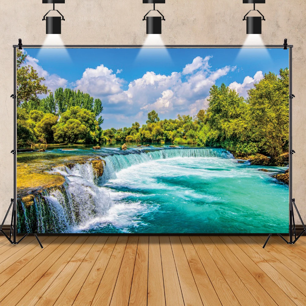 Summer Nature Backdrops Waterfall Mountain River Forest Wooden Way Landscape Room Decor Backgrounds Photocall Photo Studio