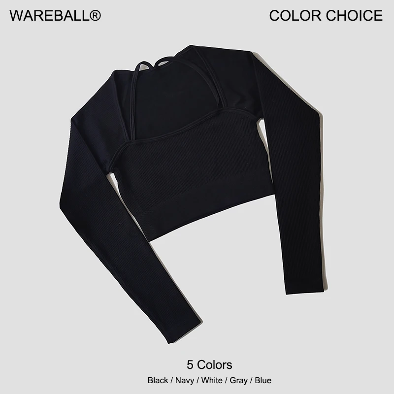 WAREBALL Women's Shirt Seamless Crop Top Fitness Shirts Long Sleeve Sports Top Female Yoga Tops Activewear With Shoulder Strap