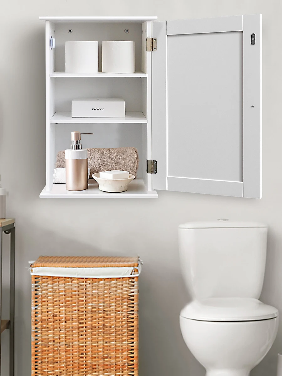 Single Wall Mounted Storage Cabinet – 6 Adjustable Height Shelf, Multi-Purpose White Engineered Wood Cupboard for Bathroom