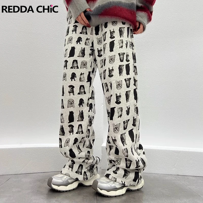 

ReddaChic Aesthetic All-over Print Sweatpants for Dog Lovers Loose Fit Drawstring Waist Wide Leg Casual Pants Y2k Women Homewear