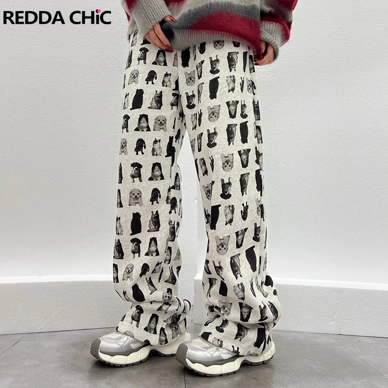 ReddaChic Aesthetic All-over Print Sweatpants for Dog Lovers Loose Fit Drawstring Waist Wide Leg Casual Pants Y2k Women Homewear