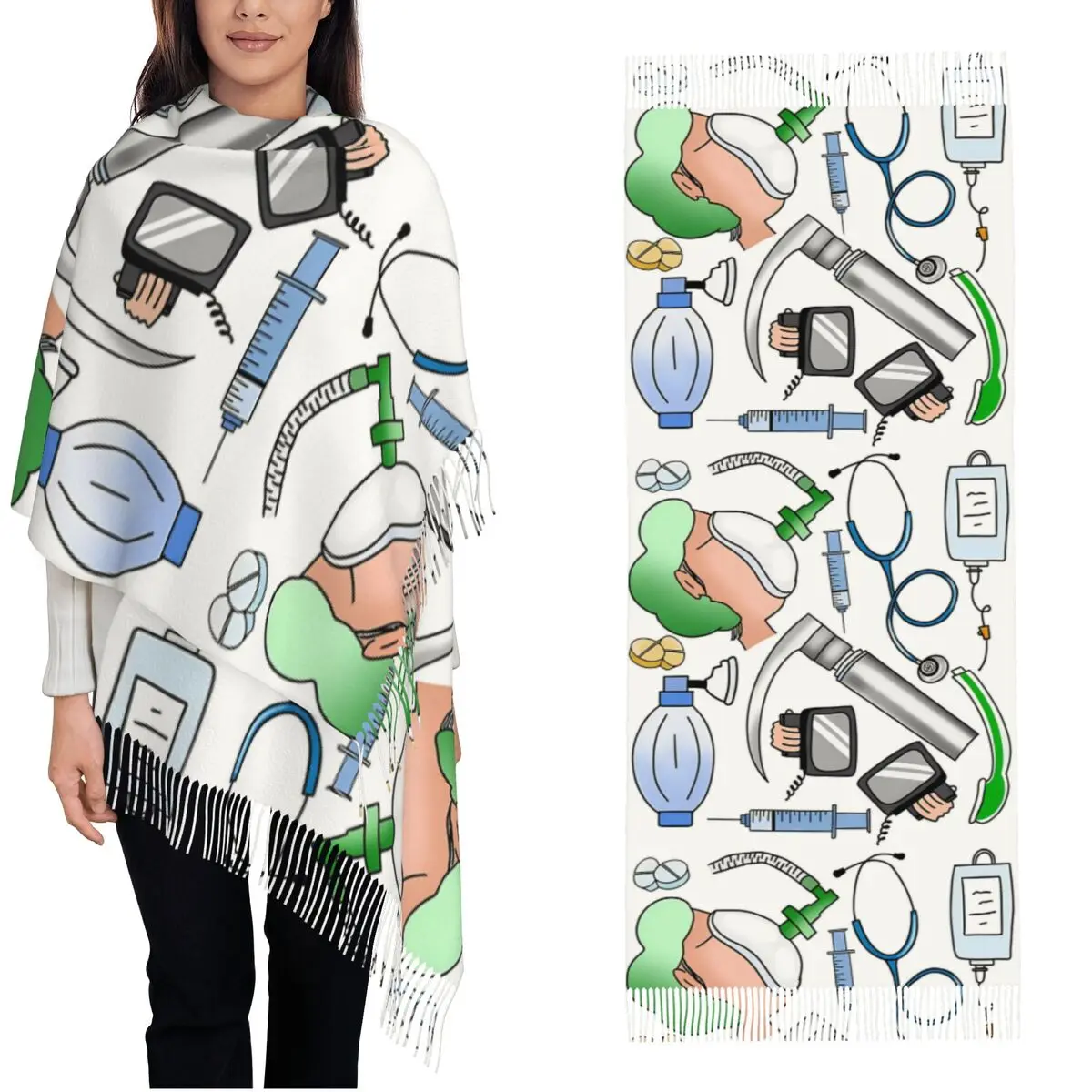 

Женский шарф, уличная анестезия, медицинская тема, шарфы с мультяшным узором, обертывания с кисточкой, крутые шали и накидки, зимние Bufanda Mujer