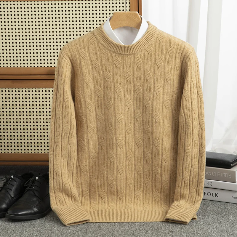 Double thick warm sweater 100% pure wool autumn and winter new men's O-neck simple casual loose Joker knitted cashmere sweater.