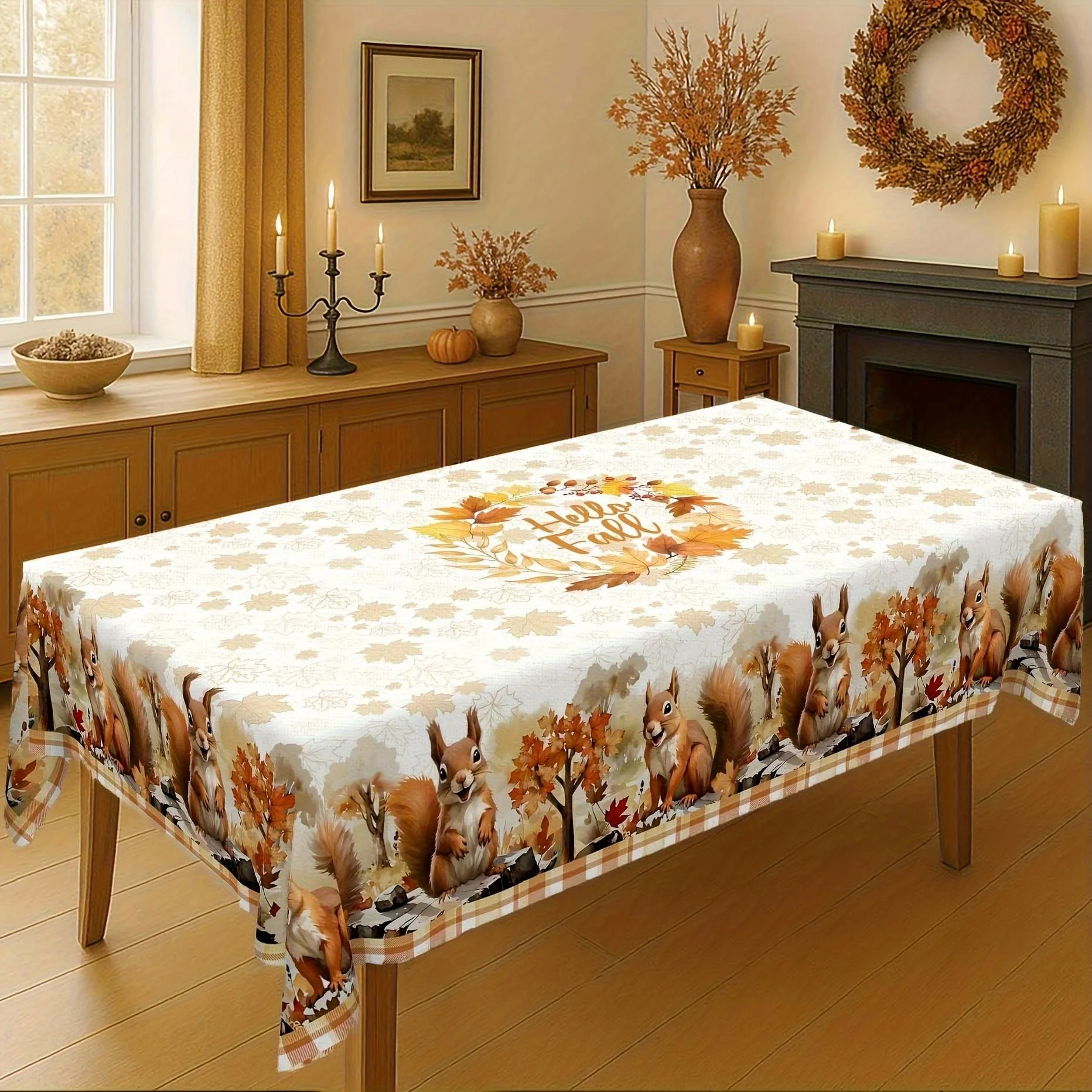 One autumn squirrel tablecloth - orange buffalo check pattern with maple leaves and squirrel designs, rectangular tableclothzyc