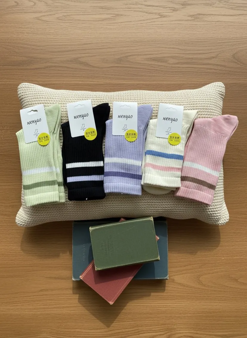 

5Pair Woman Crew Toe Winter Socks Mid Tube Striped Comfortable Cotton Stockings Autumn Sweat Absorbing Non-pilling Socks Sports