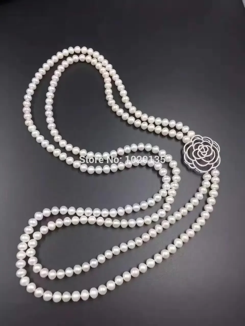 2rows white freshwater pearl near round 8-0mm necklace  wholesale nature beads 28-32inch