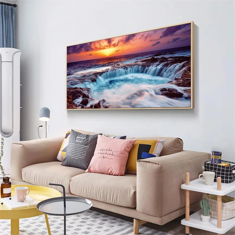 

5D Round Diamond Painting DIY Handmade Sunset Waterfall Rhinestone Embroidery Drawing Hanging Picture Home Wall Arts