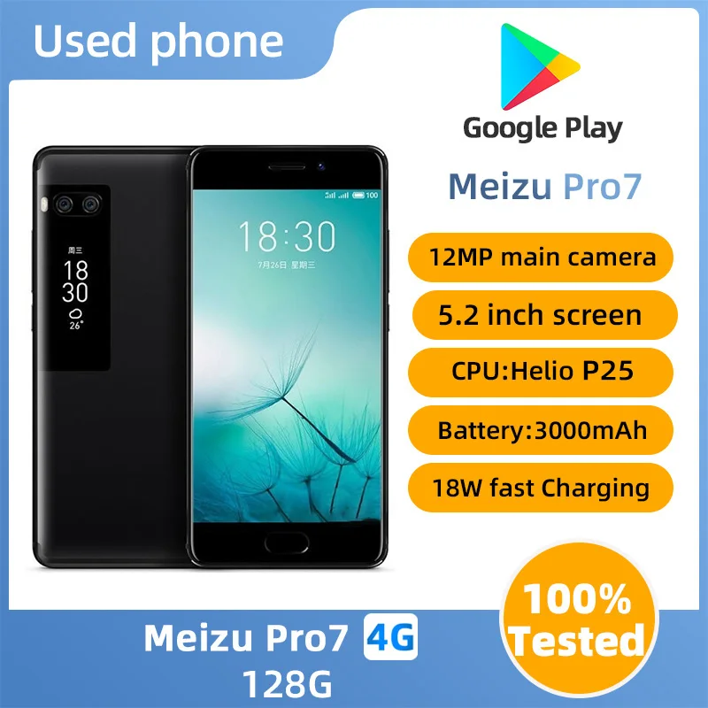 Meizu Pro7 4G Android Глобальная версия 128 ГБ 5,2 дюйма 1920x1080 Разрешение экрана Аккумулятор 3000 мАч Б/у телефон