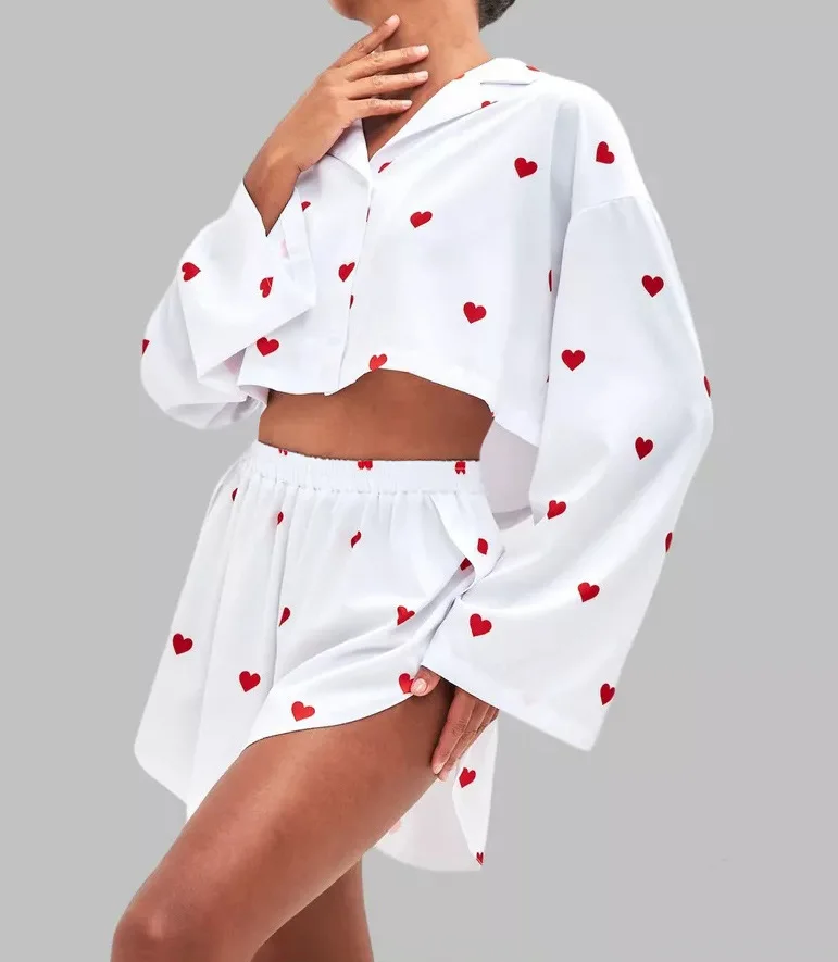 Wildberry Love Printed Long sleeved Shorts Set Short Long sleeved Top Shorts Two piece Set for Casual and Fashionable Women