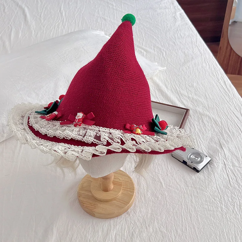 

Angola Red Lolita Christmas Bow Plush Lace Witch Hat Witch Hat Lolita Witch Hat
