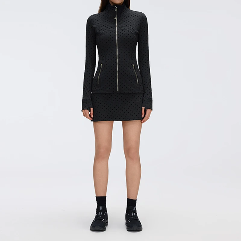 Women Black Polka Dot Stand Collar Slim Jacket + High Waist Nylon Bodycon Mini Skirt 2Pcs Casual Business Outfit
