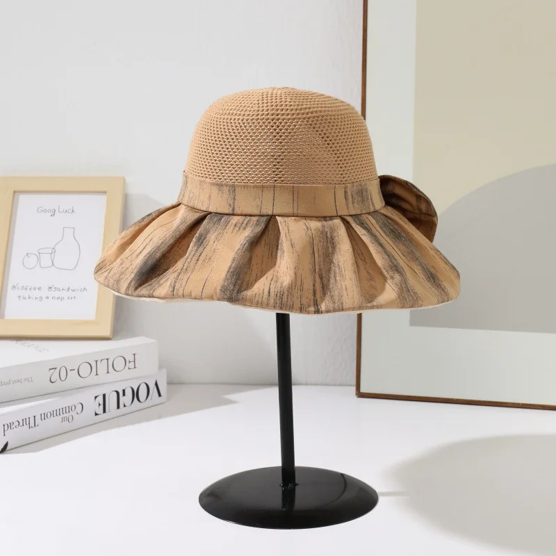 Custom Knitted Fisherman Hat Women, Korean Style, Summer, Wide Brim, Bowknot, Outdoor Travel, Foldable Ha