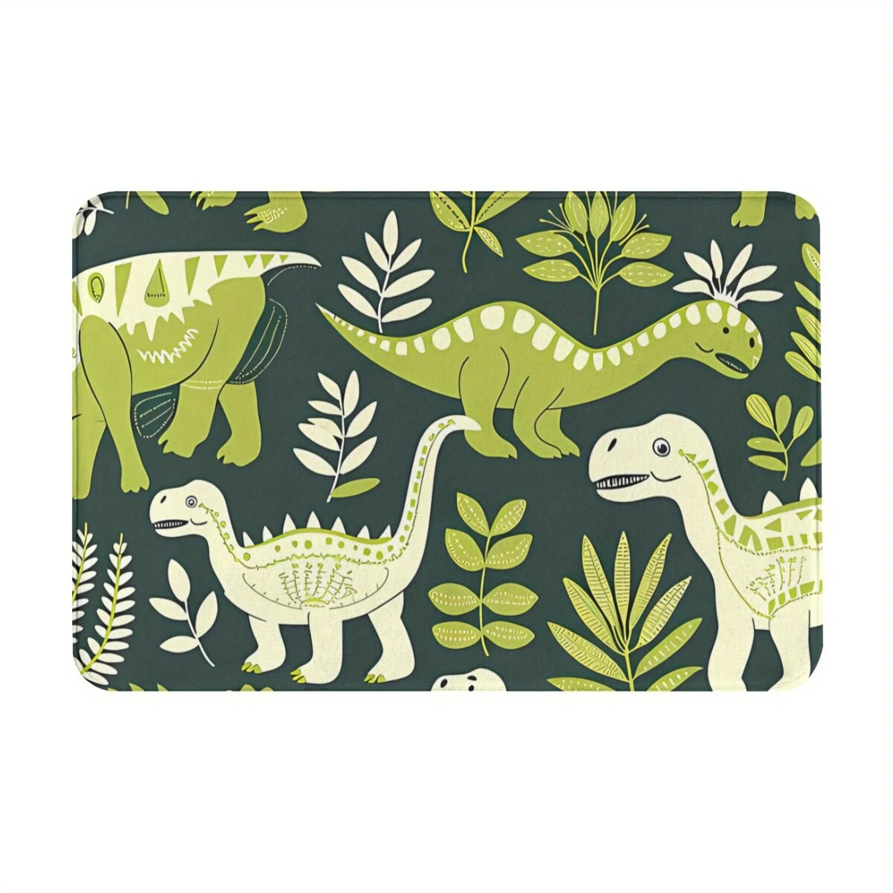 Dinosaur Doormat – Dark Green Background, Light Green & Cream Dinosaurs, Botanical Leaves, Flannel, Non-Slip, Indoor Use Only