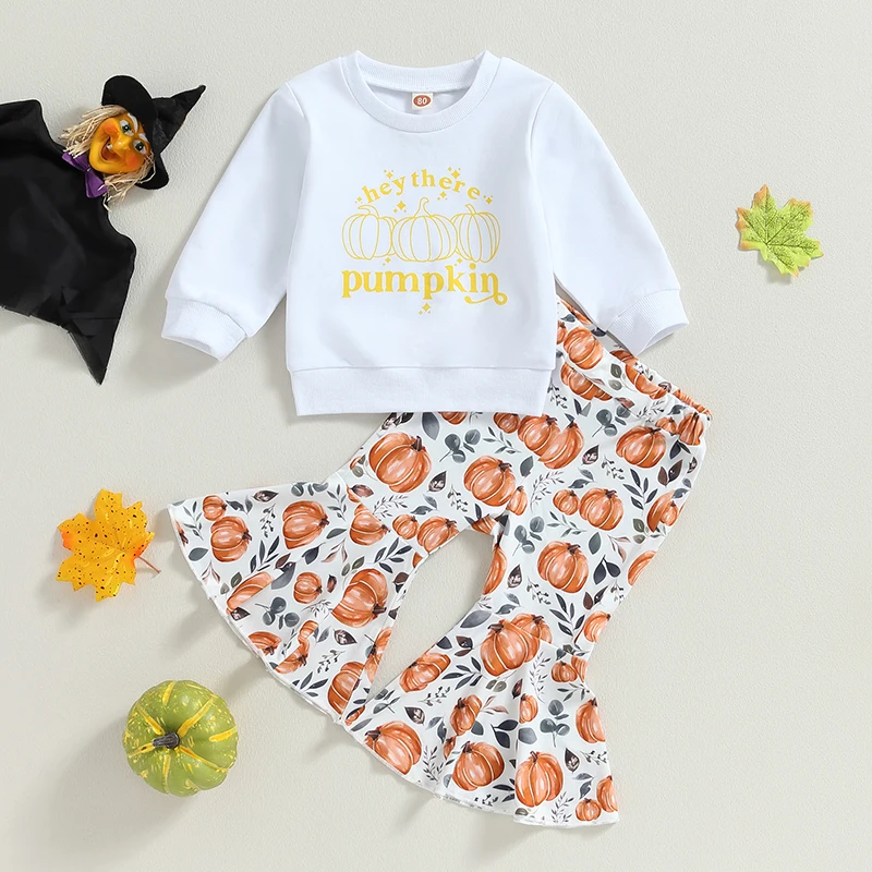 

BeQeuewll Toddler Girls Thanksgiving Pants Sets Long Sleeve Letter Print Sweatshirt Pumpkin Print Flared Pants Sets