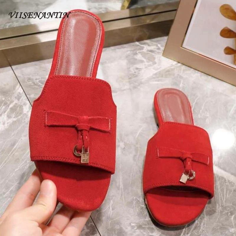 Leisure Ladies Summer Flat Slipper Shoe Slip on Lazy Shoes Flock Suede Leather Metal Lock Decortaion Top Selling Hot Shoe