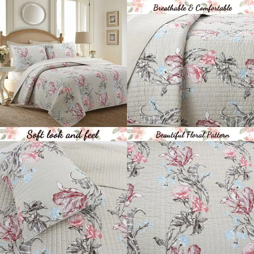 

100% Cotton Reversible Quilt Set in Taupe Khaki Floral Blooming Design - Bedding Coverlet Bedspread for Cozy Home Fashion