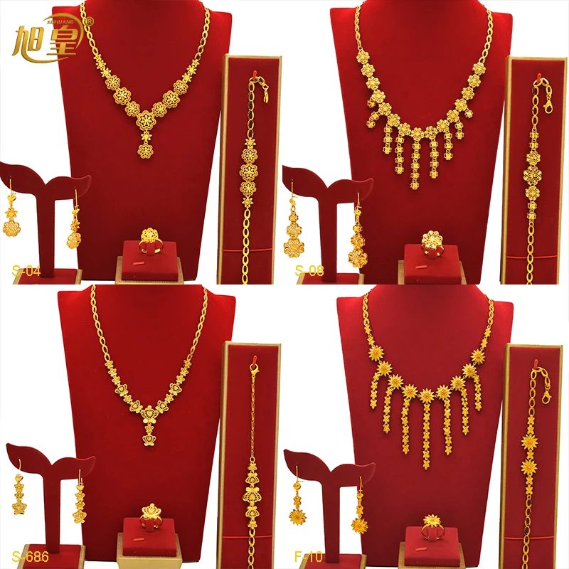 Dubai 24k Gold Color Elegant Flower Necklace Earrings Ring Bracelet Set for Women Africa Jewelry Sets Daily Wear Accessories New