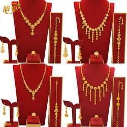 Dubai 24k Gold Color Elegant Flower Necklace Earrings Ring Bracelet Set for Women Africa Jewelry Sets Daily Wear Accessories New