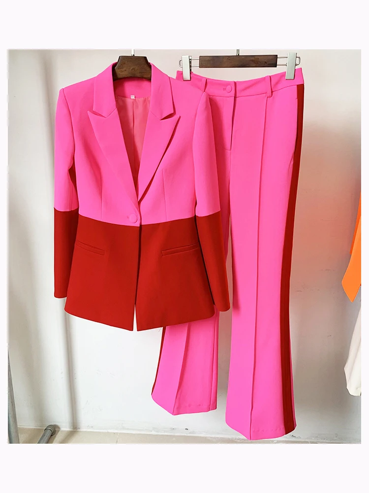 HIGH STREET Newest Fashion 2024 Designer Suit Set Women\'s Single Button Color Block Blazer Flare Pants Suit