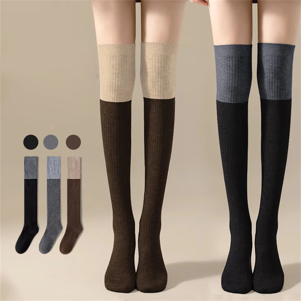 2 Pairs Female Thick Plus Velvet Warmth Wool Over-the-knee Sock Autumn Winter Non-slip Lengthened Color Matching Long-tube Socks