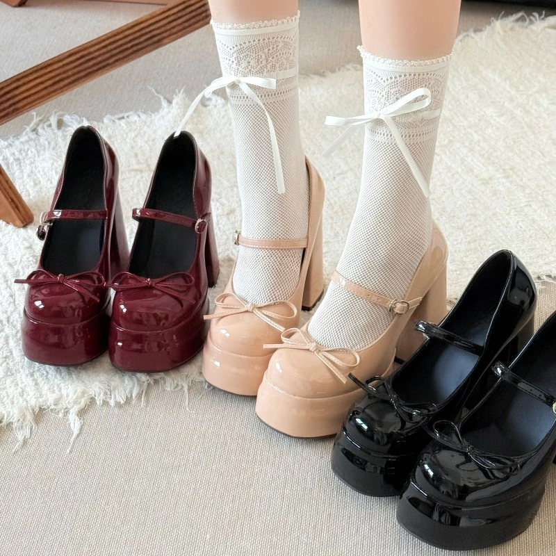 

Дизайнерские роскошные туфли Мэри Джейн на толстом каблуке с бантом-бабочкой, элегантные женские туфли-лодочки для увеличения роста