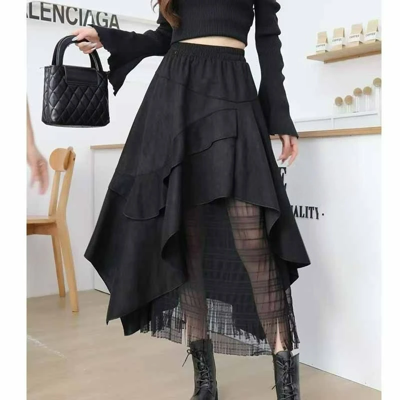 

Irregular Lace Patchwork Design Sense Ruffled A-line Skirt 2026 Autumn New Style Retro Suede Medium-length Skirt for Women