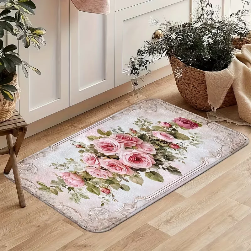 Vintage White Rose Doormat Soft Floor Rug Elegant Floral Flower Retro Frame Pattern Entrance Kitchen Bedroom Home Decor Carpet
