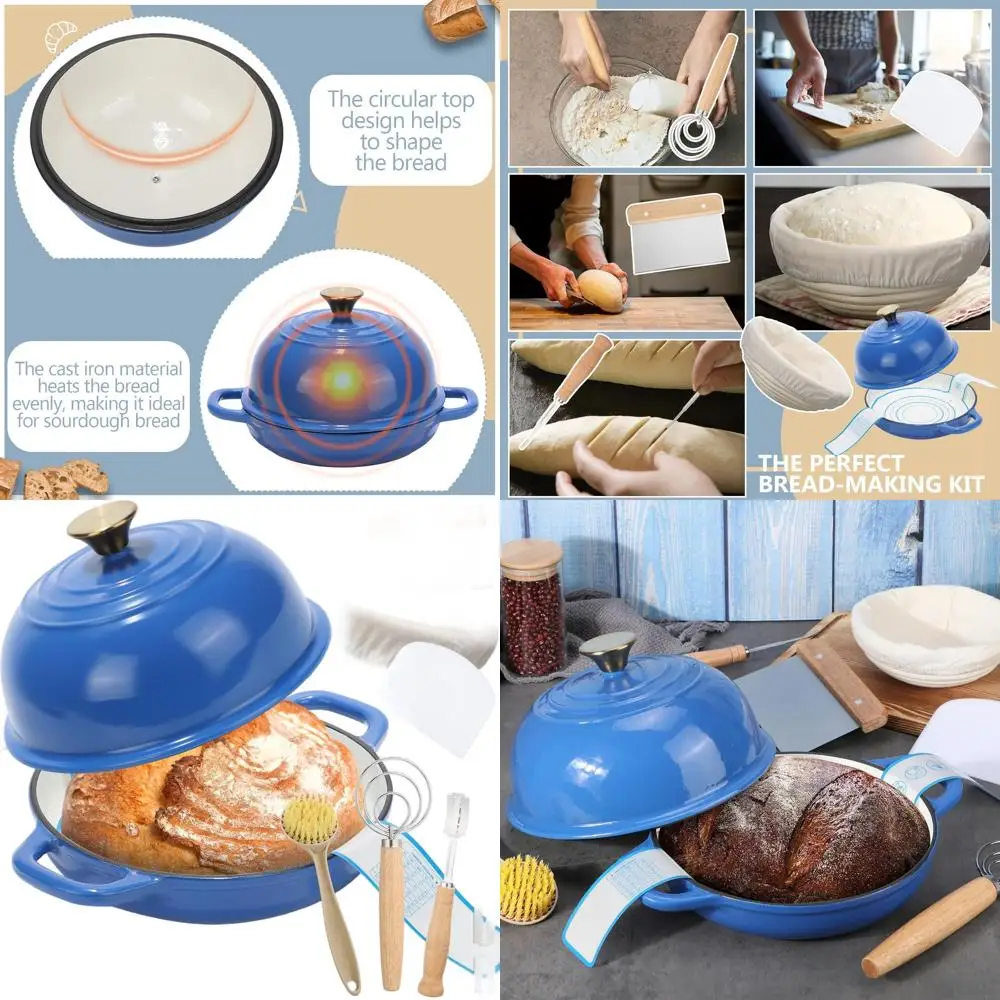 

8 Pcs Enameled Bread Dutch Oven with Lid for Sourdough Baking Oven Enameled Cast Iron Dutch Pot with Bread Proofing Basket Bakin