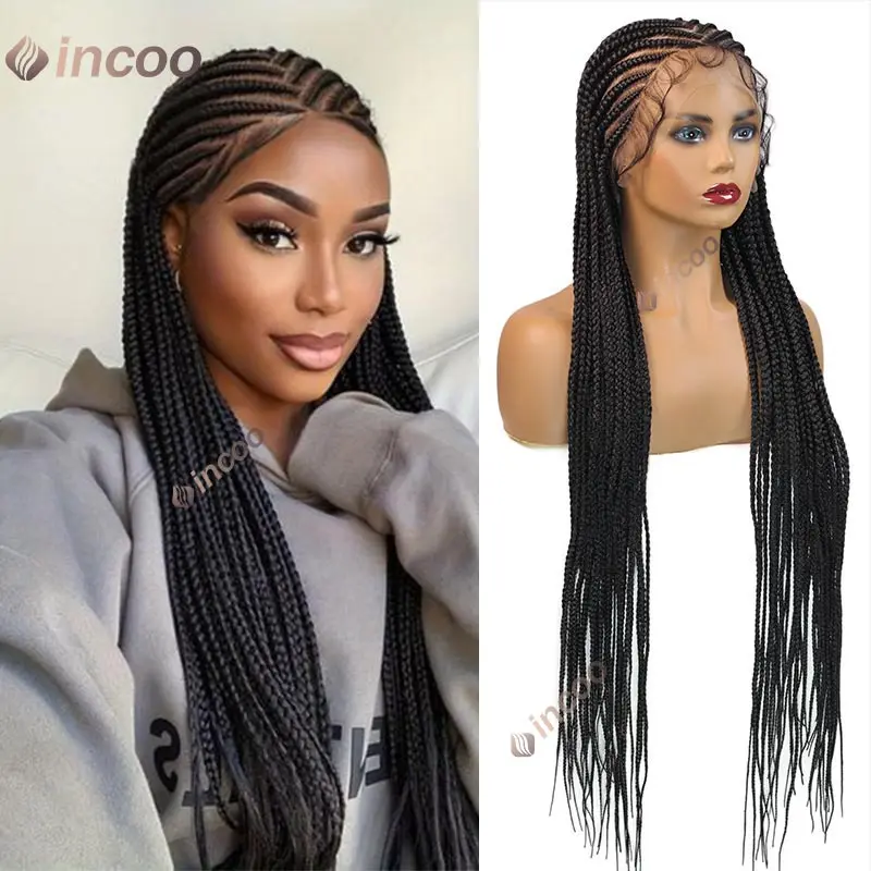 Synthetic Full Lace Frontal Braided Wigs Cornrow Double Braiding Wig For Black Women Box Braided Lace Wig Faux Locs Braids Wigs