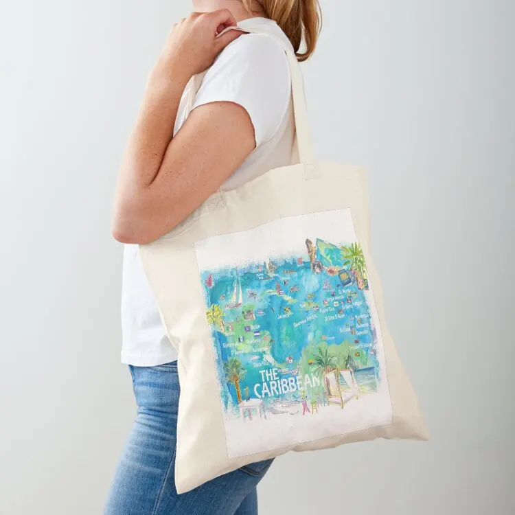 

Eastern and Western Caribbean Illustrated Travel Map with Landmarks Highlights and Impressions Tote Bag shopping bags foldable