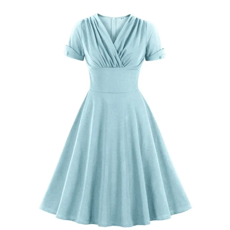 2024 New Retro Ruched V Neck Wrap High Waist 50S Vintage Green A Line Swing Dresses Women Summer Solid Elegant Party Midi Dress