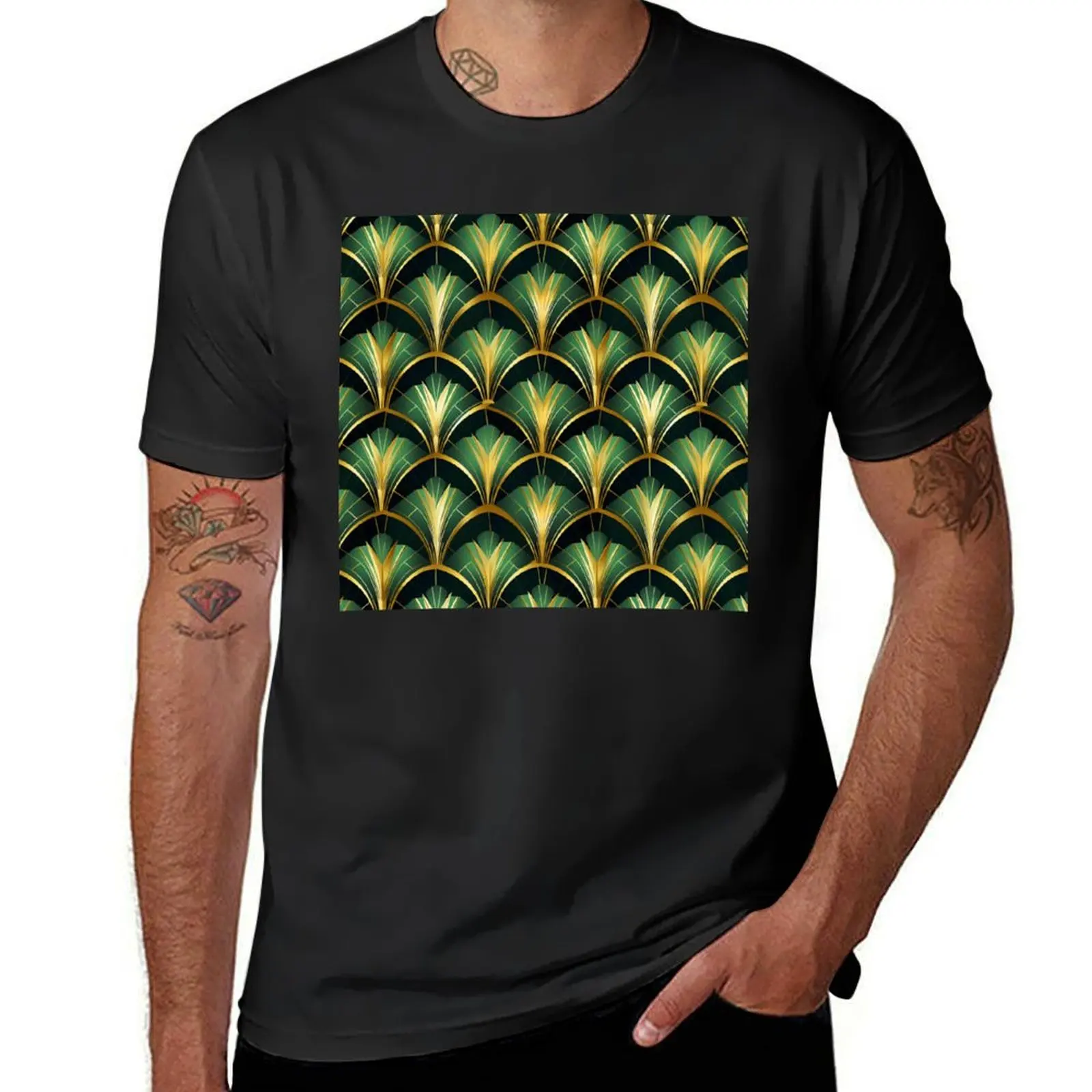 Sophisticated Green And Golden Hues Art Deco Pattern T-Shirt vintage sweat boys whites plus size tops tshirts for men