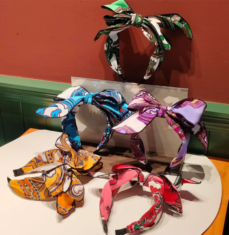 

New Bohemian Vacation Style Bow Headband Hair Bands Retro Travel Satin Printed Hair Hoop Hairband Women Hair Accessory Headwear