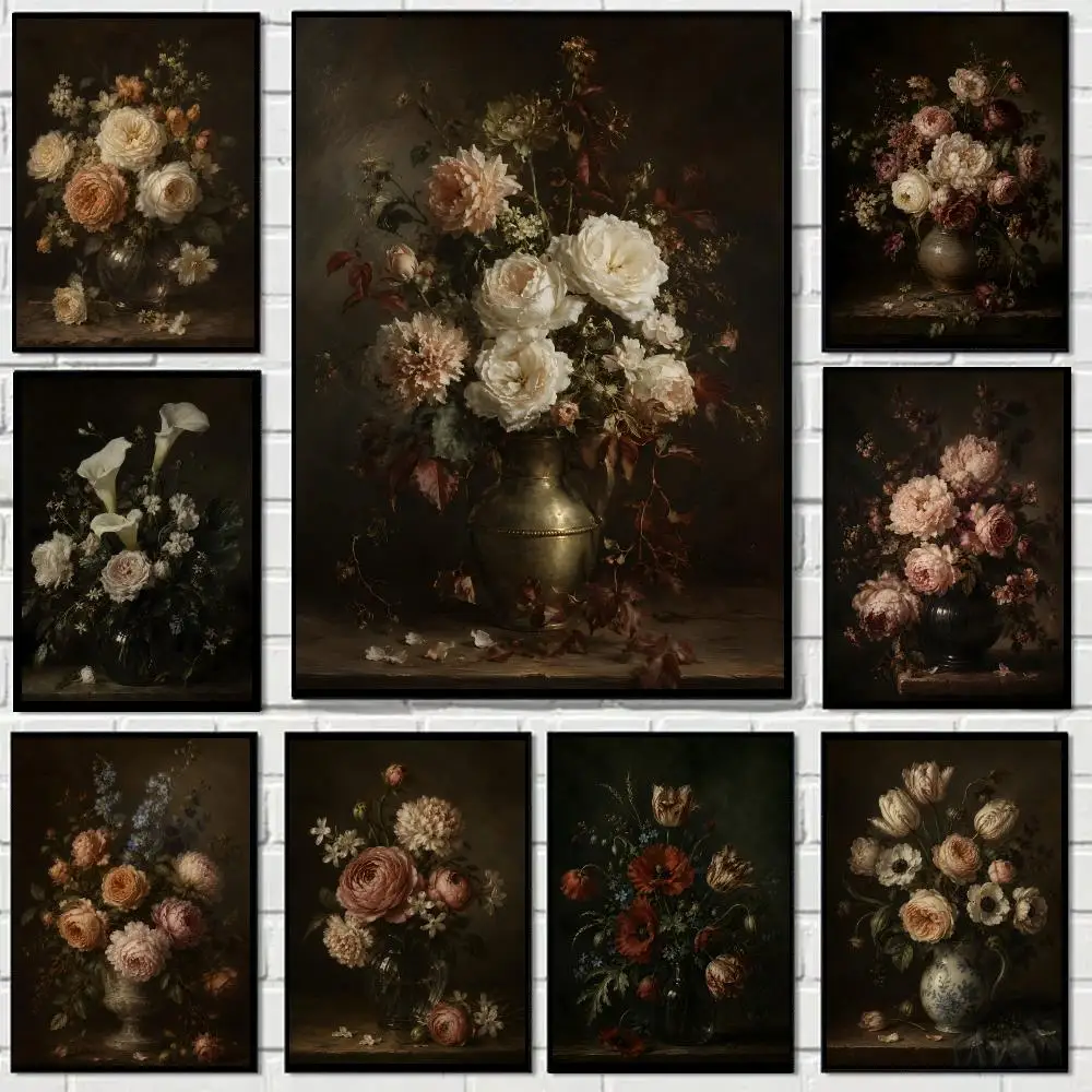 Dark Tone Classical Floral Still Life Poster Art HD Advanced Aesthetic Printing Paper Wall Art for Living Room Home Decor