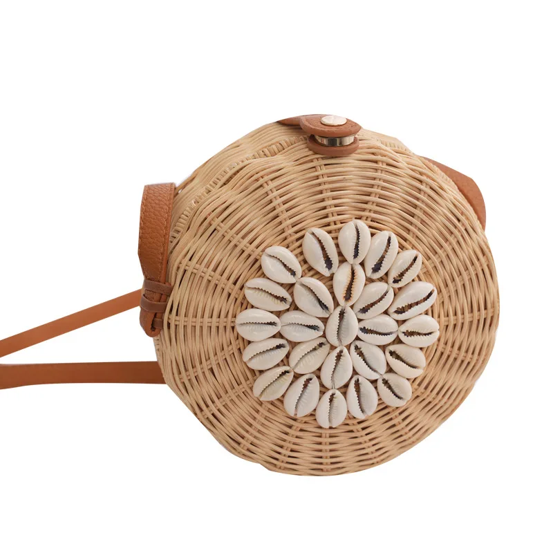 

Bohemian Wicker Rattan Bags for Women Conch Shell Straw Shoulder Bag Handmade Round Woven Designer Bag Handbags Small Pouch New