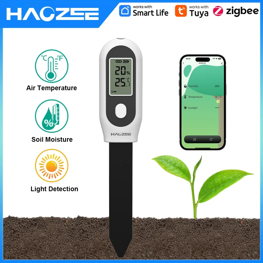 

Haozee Tuya Zigbee датчик влажности почвы 3 в 1, измеритель влажности, температуры, солнечного света, экран/приложение для растений, горшков, сада