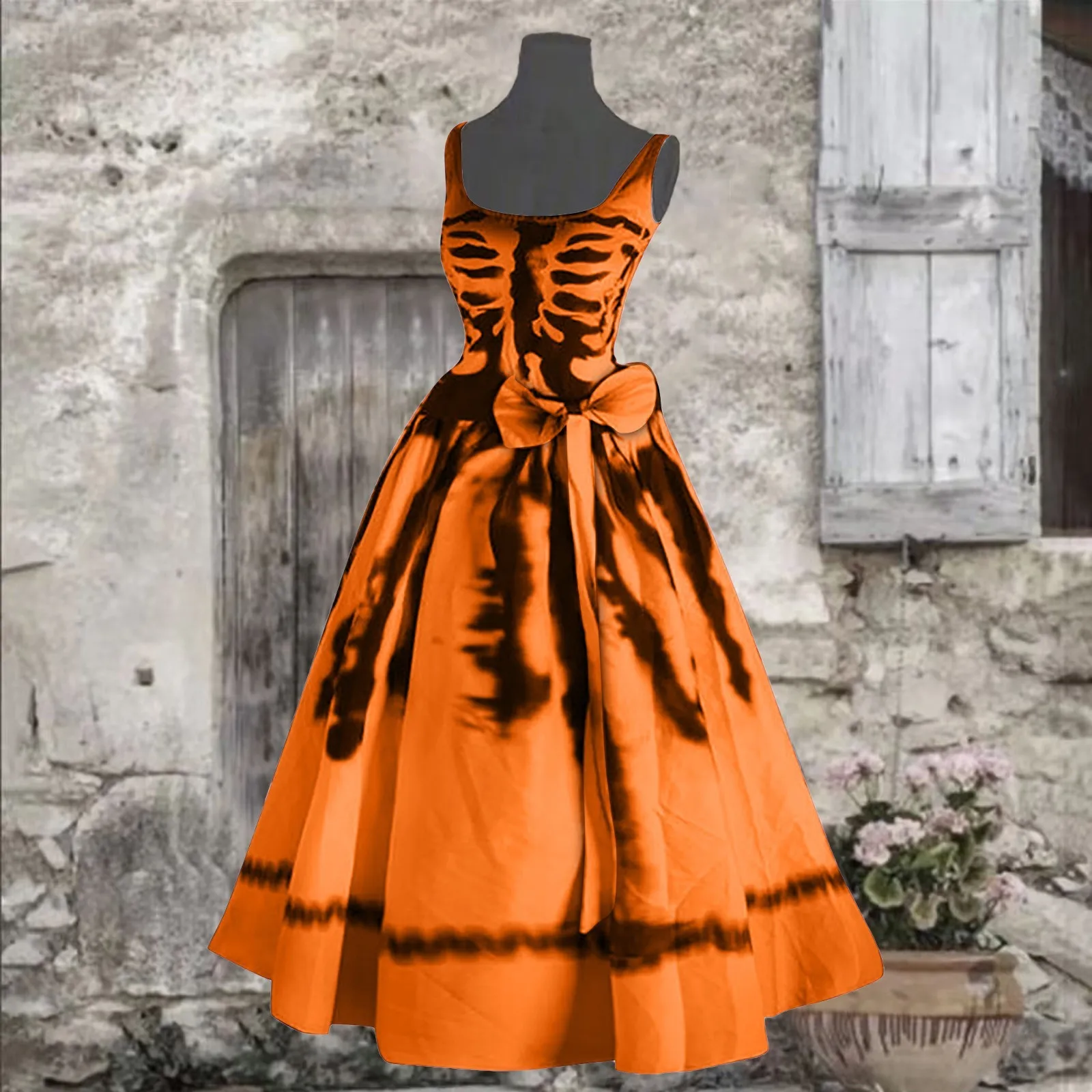 Robe longue à imprimé tête de mort pour femme, streetwear à col rond, coupe couvertes, ceinture, robe trapèze pour femme, fête d'Halloween, drôle