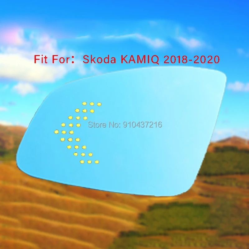 

For Skoda Kamiq 2018-2020 Heating Blue Lens Large Vision Rearview Mirror Wide Angle Demist Glass Anti-Glare Turn Single Lamp