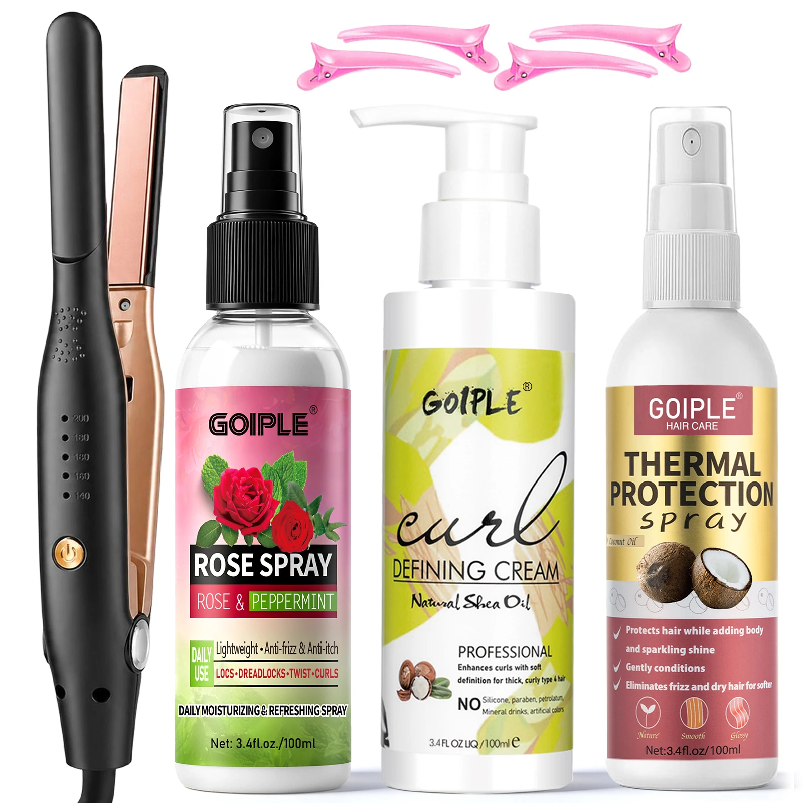 GOIPLE Hair Styling Set, Corded Flat Iron, Rose Spray, Curl Defining Cream, Thermal Spray and Pink Clips