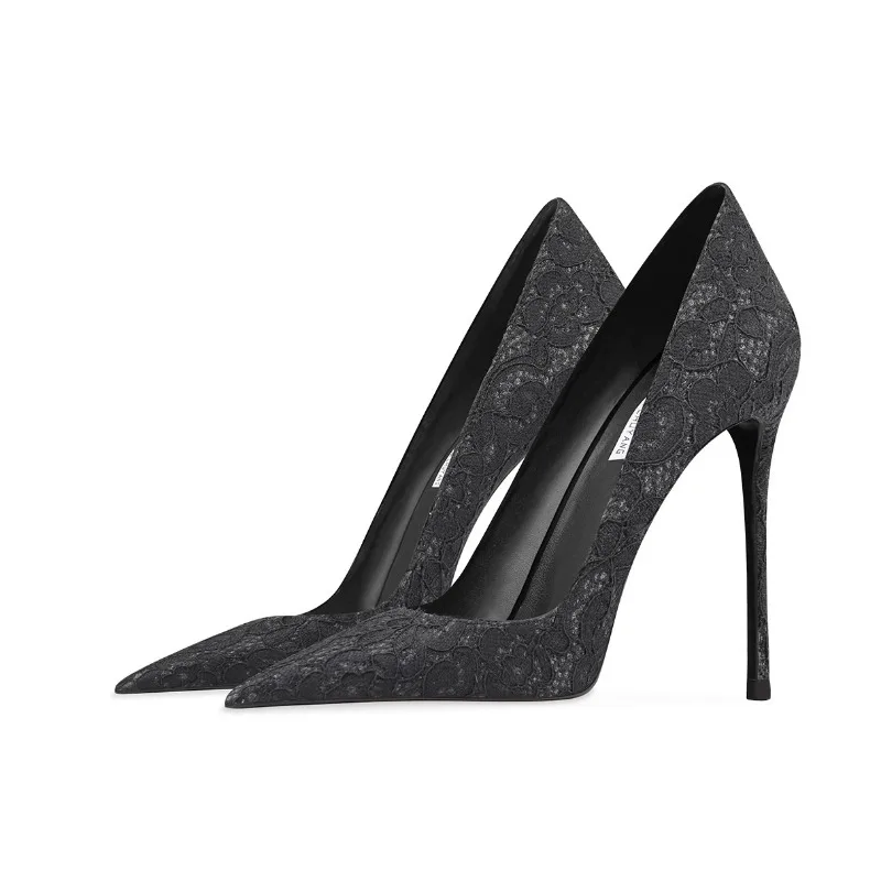 

Elegant Black Lace High Heels Women Shoes Pointed Toe Slender Heel French Hollow Out Pumps