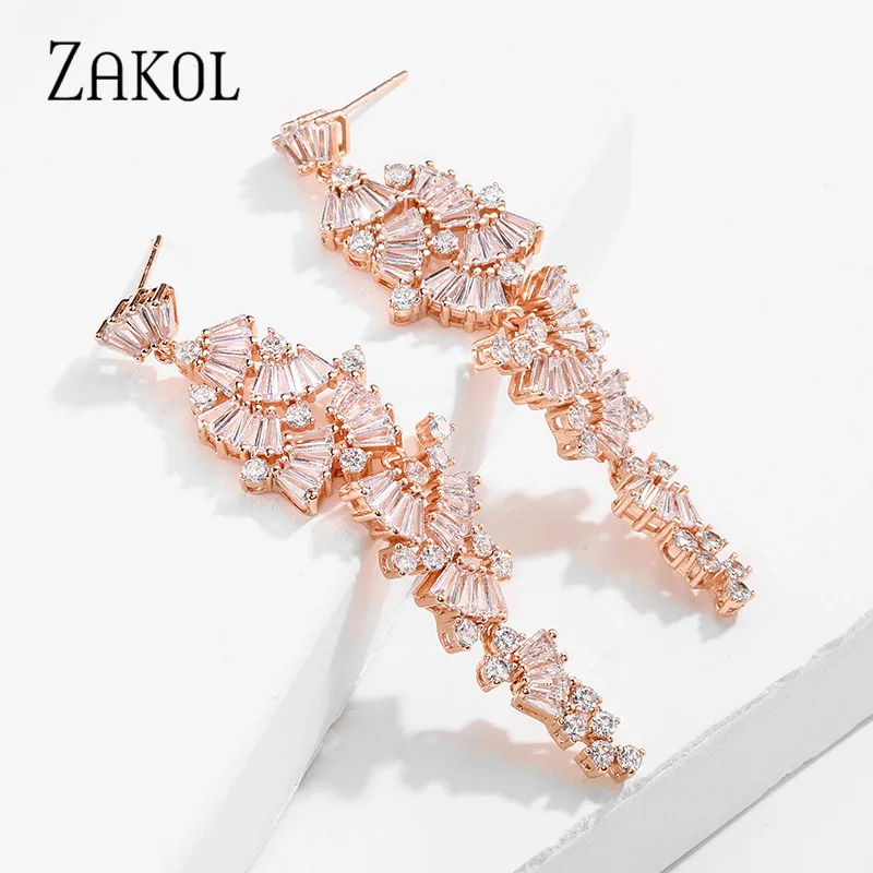 ZAKOL Luxury Gorgeous AAA Zirconia Crystal Sector Long Dangle Drop Earrings for Women Bridal Wedding Jewelry Gift