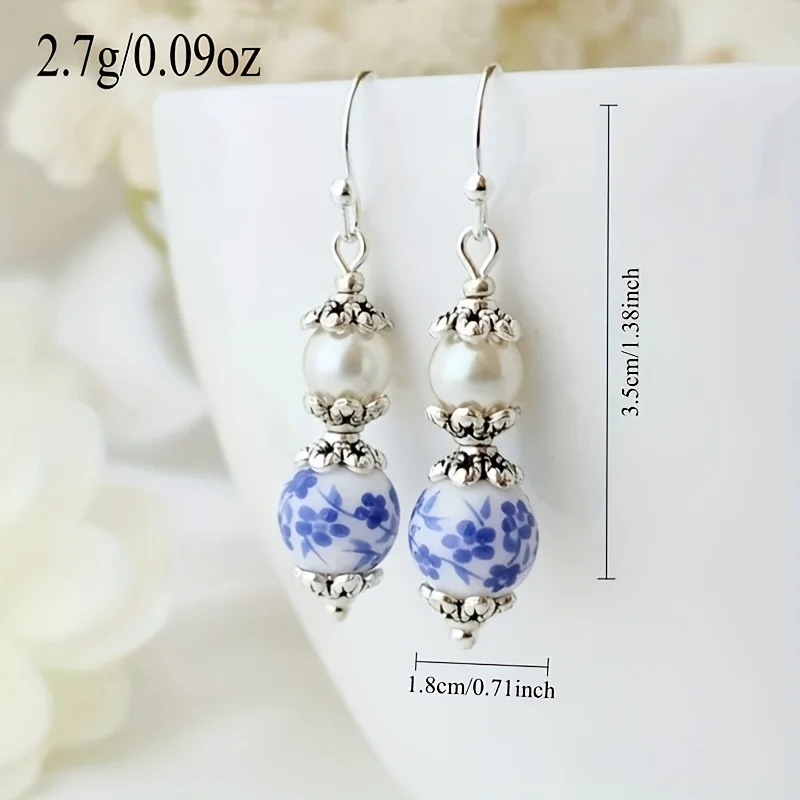 2 Pieces of Blue Color Patterned Imitation Pearl Pendant Earrings, Ladies' Elegant Temperament Holiday Accessories Jewelry