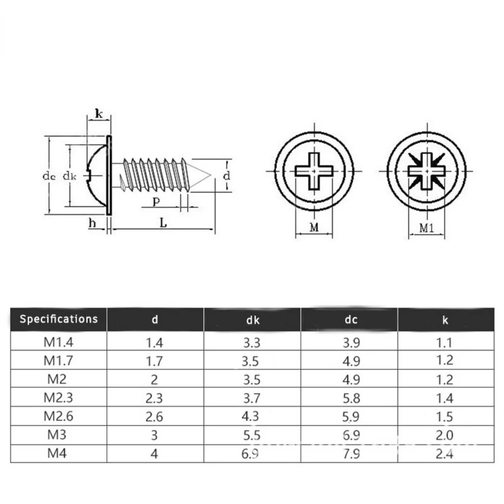 PWA M1,4 M1,7 M2 M2,3 M2,6 M3 M4 304 Edelstahl Kreuz Phillips runder Flachkopf mit Unterlegscheibenkragen Selbstschneidende Holzschraube – Detail 3