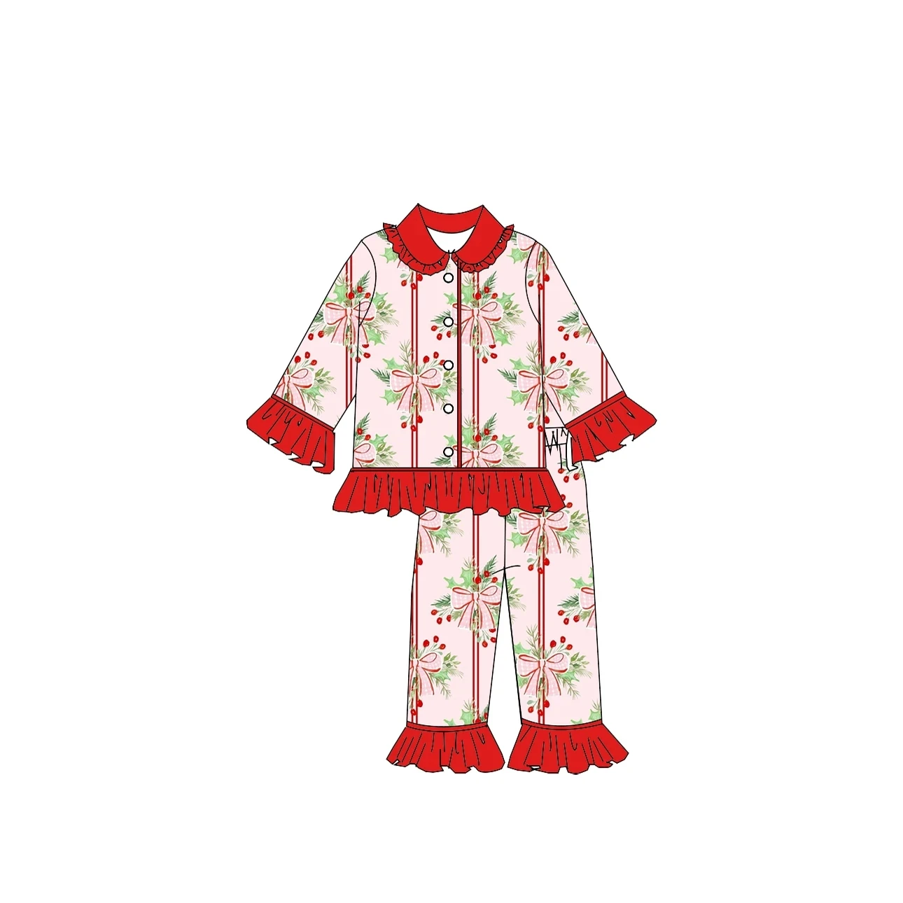 Girls Boutique Pajamas Clothes Red Ruffle Cuffs Fall Sleepwear Set Milk Silk Baby Long Sleeves Bows Print Set