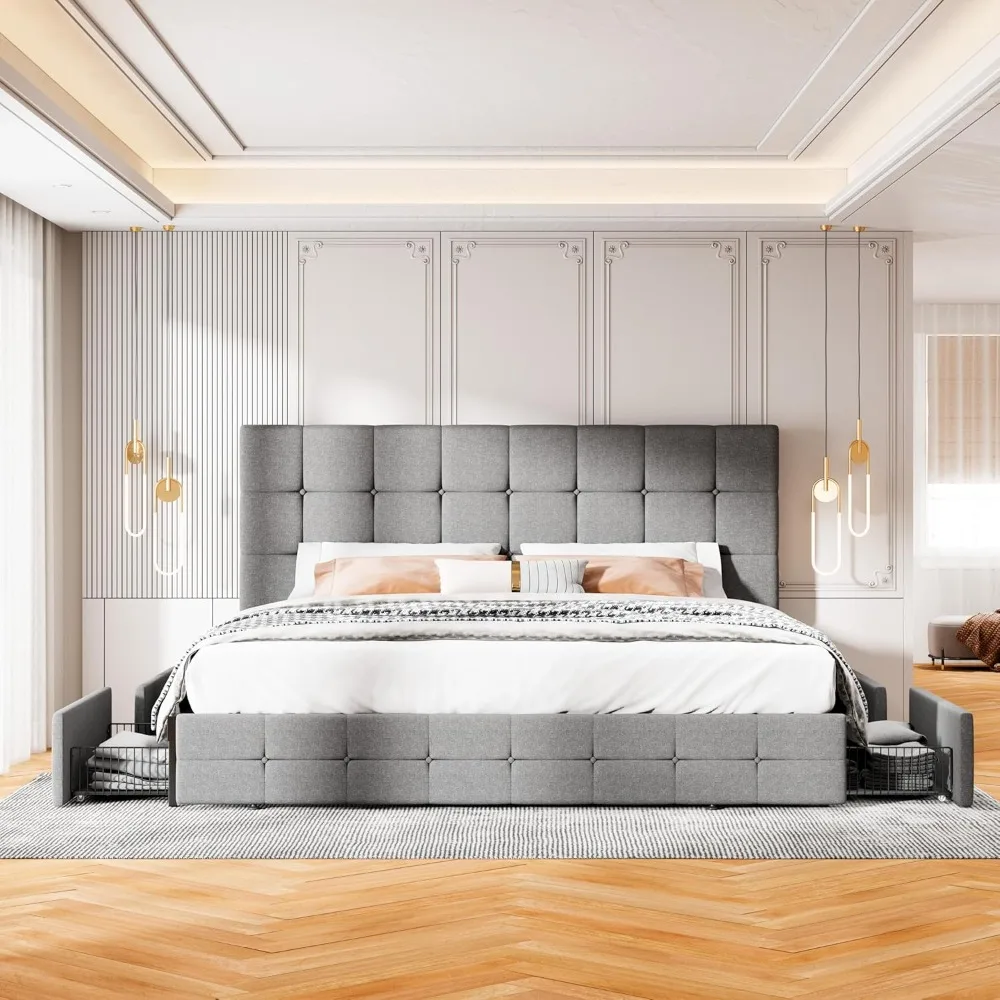 إطار سرير بحجم كينج مع 4 أدراج تخزين، سرير بمنصة منجدة مع لوح رأسي قابل للتعديل بخياطة مربعة، بدون صندوق S