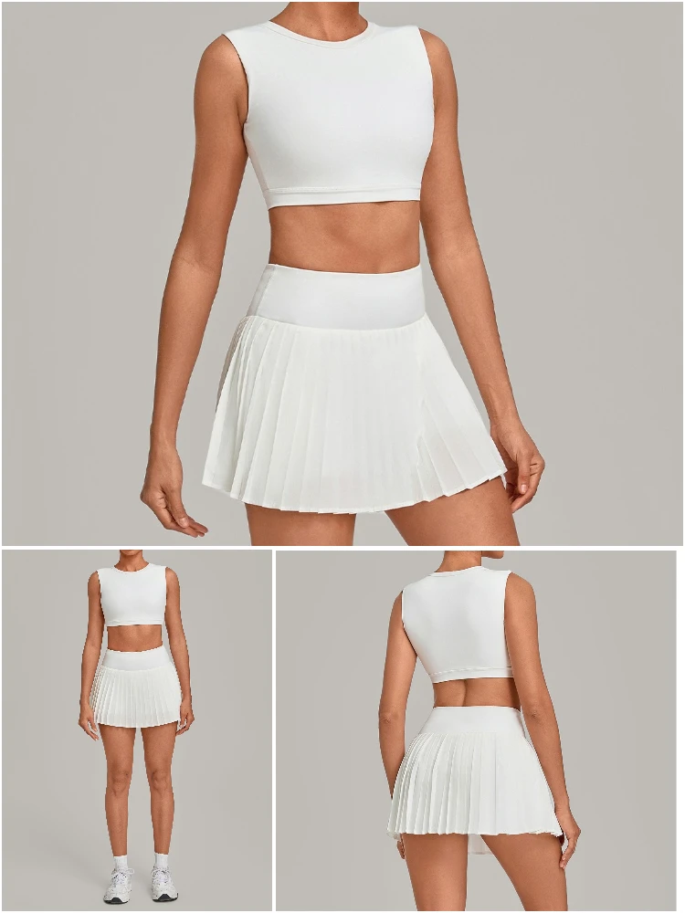 VITALINOVO Tennisrock-Sets für Damen, Rundhals-Camisole-Oberteil, passend dazu hochtaillierter, plissierter Sportrock für Damen, ideal für Tennis, Golf und Workouts – Detail 11