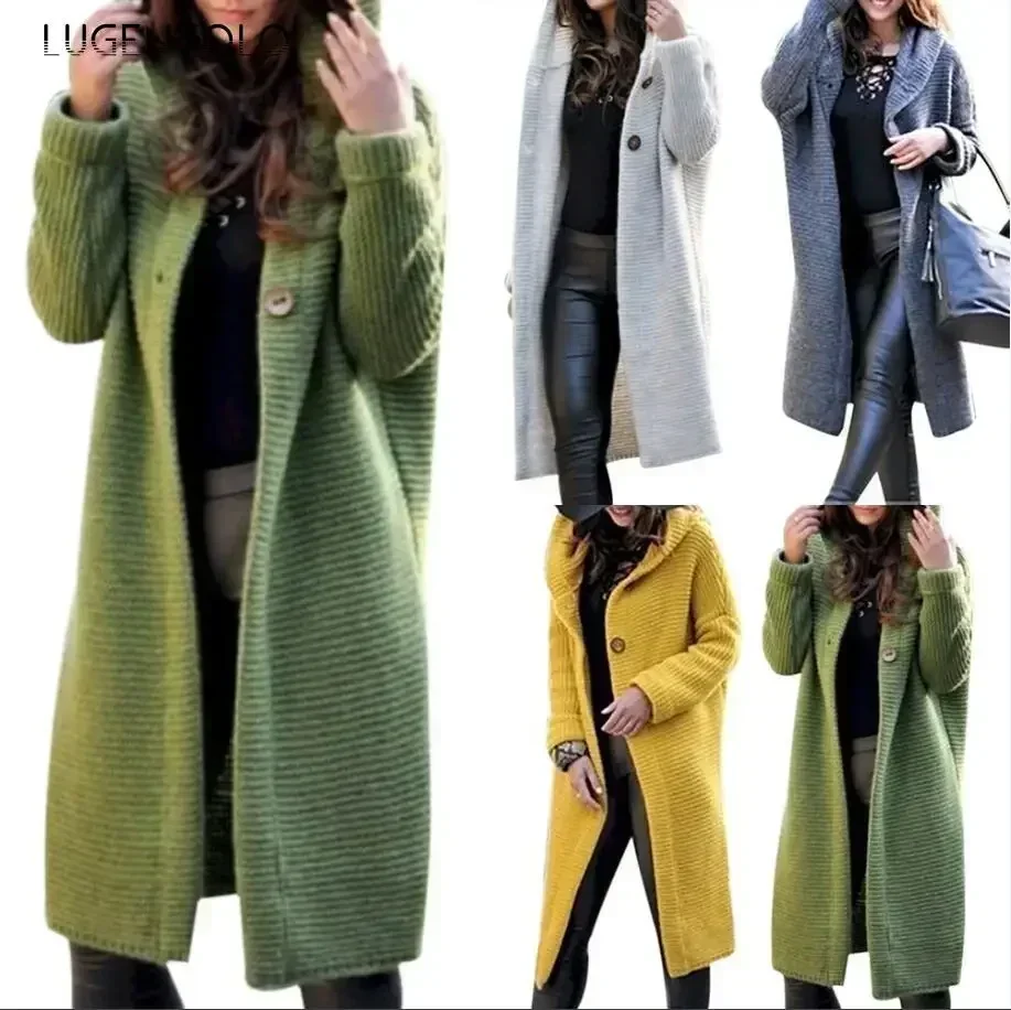 Women Hooded Cardigan Sweater Simple New Autumn Winter Loose Female Casual Button Large Size Long Clothing