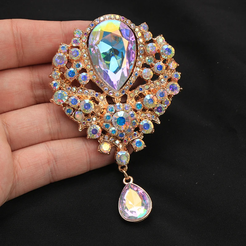 Vintage AB Crystal Teardrop Brooch with Dangling Charm, Gold Tone Ornate Statement Lapel Pin