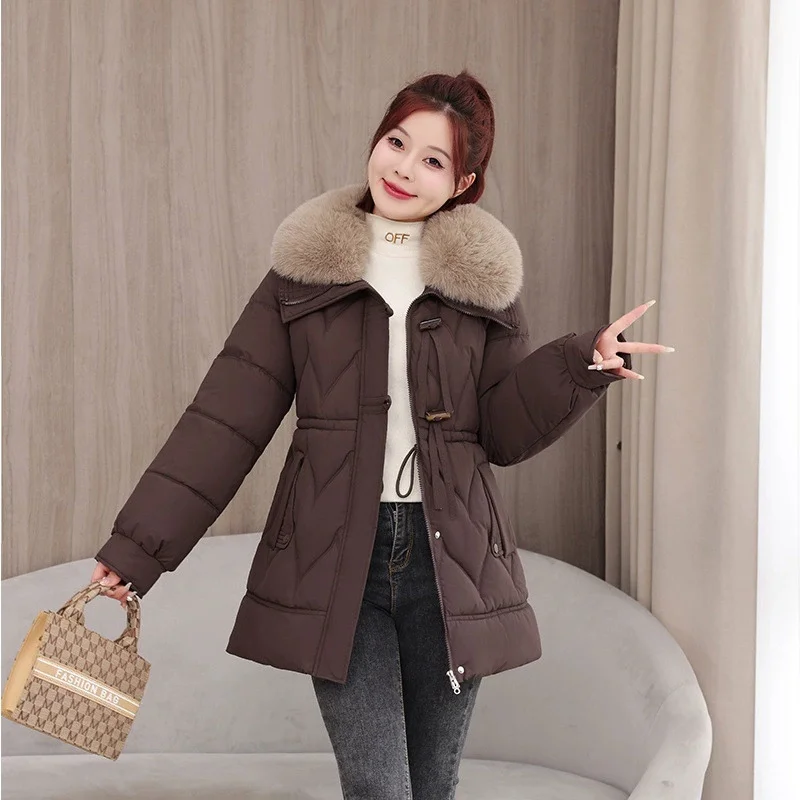 

Autumn Winter Parkas Women Cotton Jacket Thicke Warm Mid Long Detachable Fur Collar Lapel Cotton Padded Jacket Female Outerwear